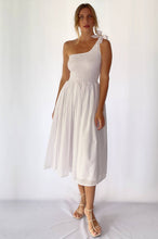 Load image into Gallery viewer, Sienna One-Shoulder Shirred Dress - White Pompom