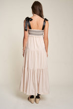 Load image into Gallery viewer, SMOCKED BODICE AND BOW TIE STRAPS MAXI DRESS: S / Beige
