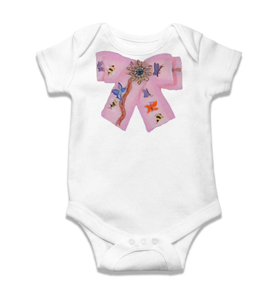 Onesie - Pink Floral Designer  Bow: 6-9 Months