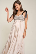 Load image into Gallery viewer, SMOCKED BODICE AND BOW TIE STRAPS MAXI DRESS: S / Beige
