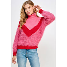 Load image into Gallery viewer, The Chickadee Color Block Soft Turtleneck Sweater: L / Pink/cherry/pink
