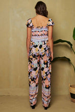 Load image into Gallery viewer, FLORAL BORDER SMOCKED BODICE RUFFLED JUMPSUIT: S / Black
