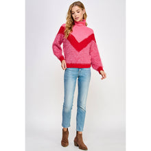 Load image into Gallery viewer, The Chickadee Color Block Soft Turtleneck Sweater: L / Pink/cherry/pink
