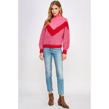 Load image into Gallery viewer, The Chickadee Color Block Soft Turtleneck Sweater: S / Pink/cherry/pink
