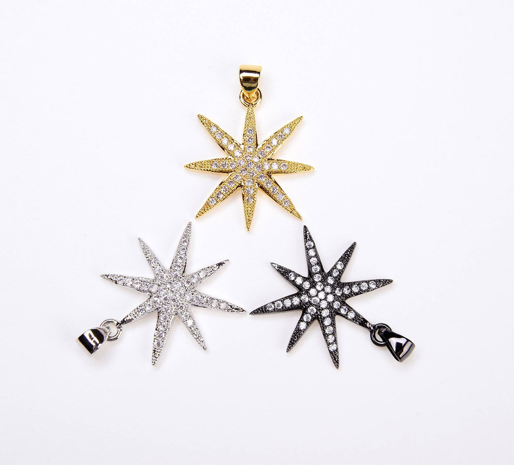 18K Gold Filled CZ Micro Pave Starburst Charm, CP027: Gold