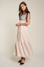 Load image into Gallery viewer, SMOCKED BODICE AND BOW TIE STRAPS MAXI DRESS: S / Beige
