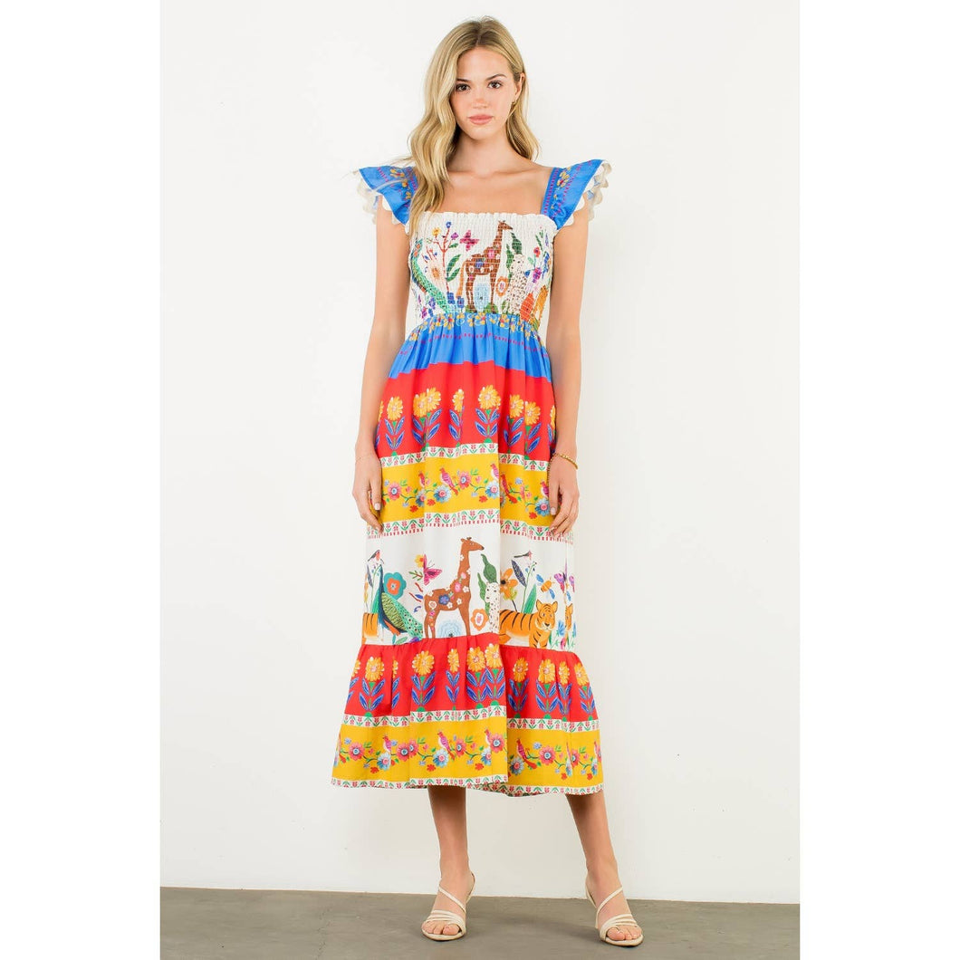 Smocked Flutter Sleeve Animal Print Maxi Dress: CREAM / XS-S-M-L(1-2-2-1)