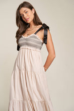 Load image into Gallery viewer, SMOCKED BODICE AND BOW TIE STRAPS MAXI DRESS: S / Beige
