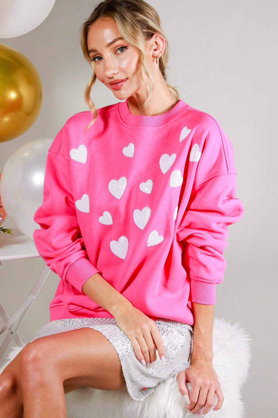 Hearted Sequin Embroidered Detail Sweatshirts VT81718: Pink / M