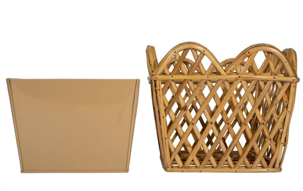 Natural Square Scalloped Lattice Rattan Planter: Small