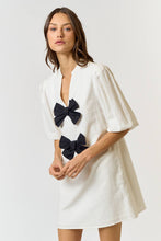 Load image into Gallery viewer, ILD4040 LINEN FRONT BOW DETAIL PUFF SLEEVE MINI DRESS: S / IVORY-BLACK
