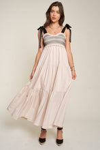 Load image into Gallery viewer, SMOCKED BODICE AND BOW TIE STRAPS MAXI DRESS: L / Beige
