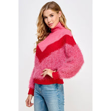 Load image into Gallery viewer, The Chickadee Color Block Soft Turtleneck Sweater: L / Pink/cherry/pink
