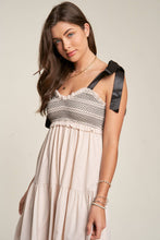 Load image into Gallery viewer, SMOCKED BODICE AND BOW TIE STRAPS MAXI DRESS: M / Beige
