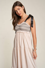 Load image into Gallery viewer, SMOCKED BODICE AND BOW TIE STRAPS MAXI DRESS: M / Beige
