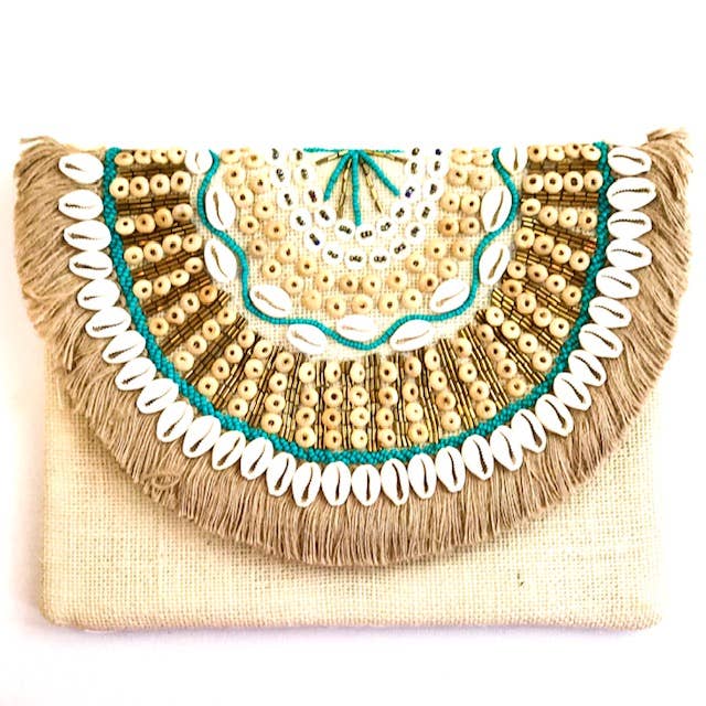 Burlap Fringe + Shell Clutch