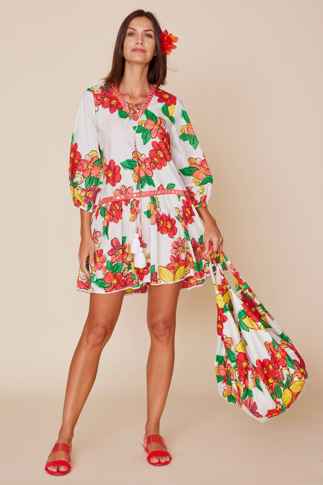 Susana Printed Throw On Sundress in White Citrus Floral