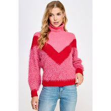 Load image into Gallery viewer, The Chickadee Color Block Soft Turtleneck Sweater: L / Pink/cherry/pink
