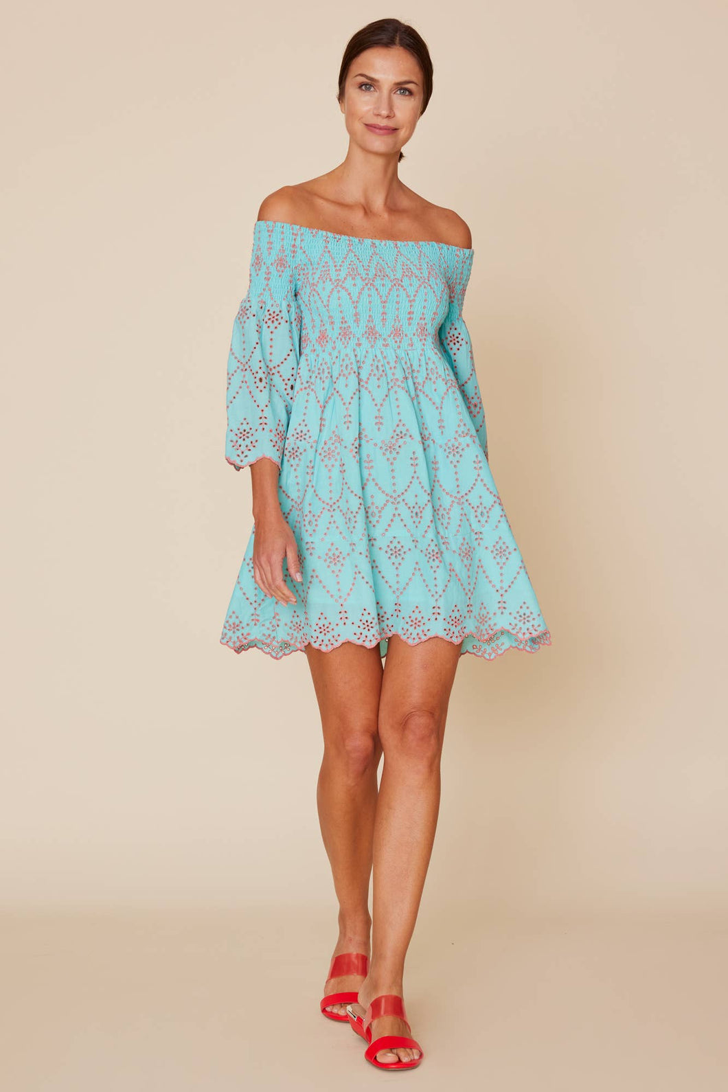 Aria Smocked Off the Shoulder Eyelet Mini Dress in Aqua Blue