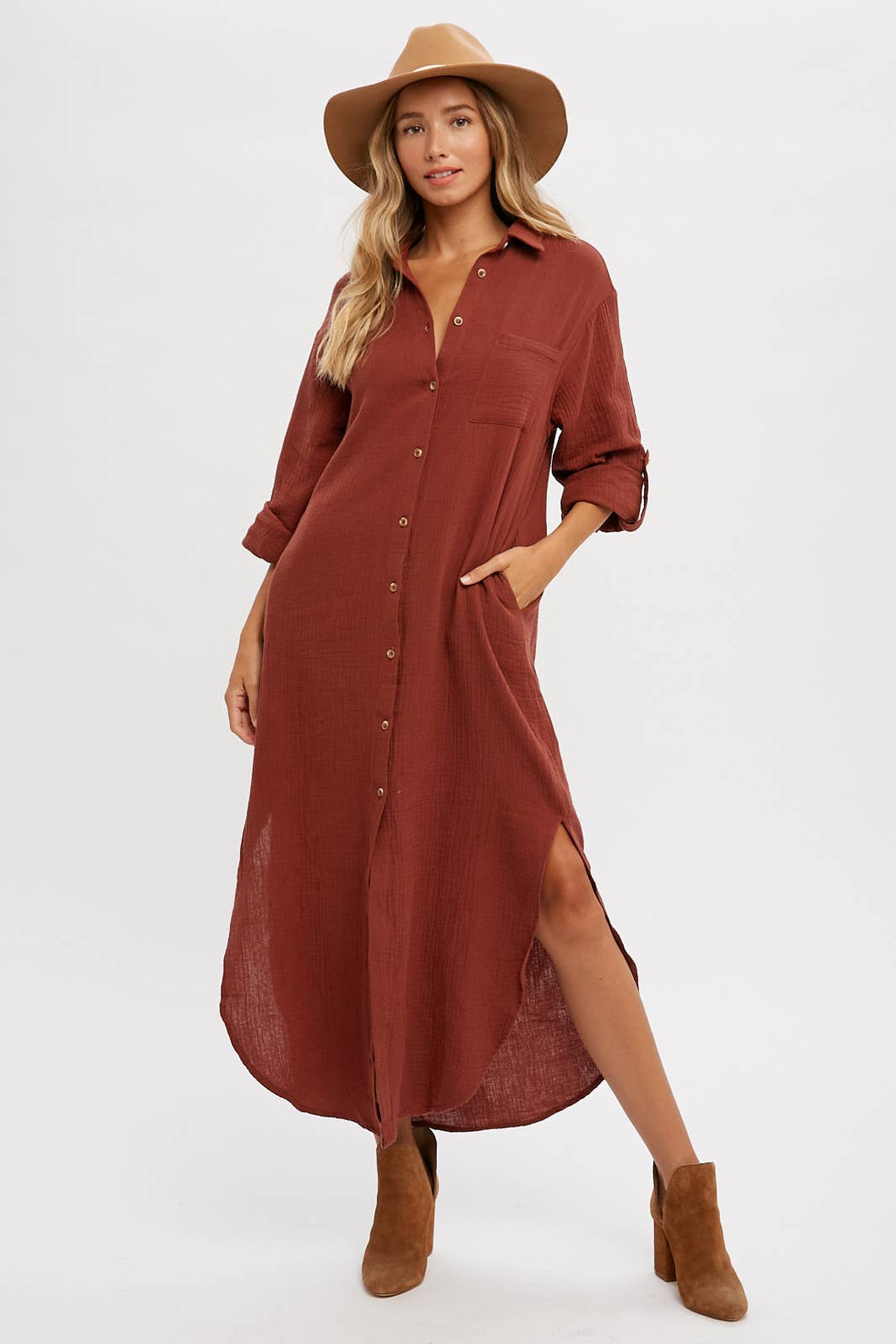 BUTTON UP MAXI SHIRT DRESS WITH POCKET