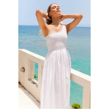 Load image into Gallery viewer, Sienna One-Shoulder Shirred Dress - White Pompom
