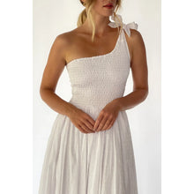 Load image into Gallery viewer, Sienna One-Shoulder Shirred Dress - White Pompom
