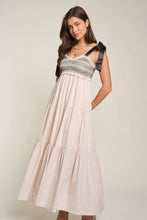 Load image into Gallery viewer, SMOCKED BODICE AND BOW TIE STRAPS MAXI DRESS: S / Beige
